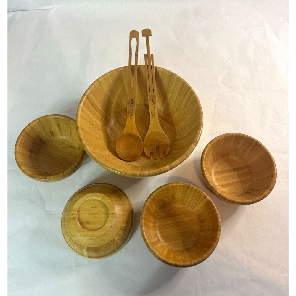 The Pampered Chef Bamboo 5pc Mixing Bowl Set w/ Utensils Brown Striped 1110